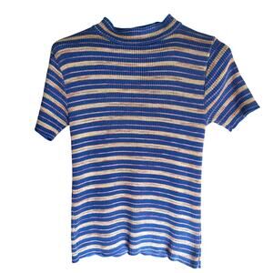 Vintage Blue Pink Gold Horizontal Striped Short Sleeve Crew Neck Baby Doll Med